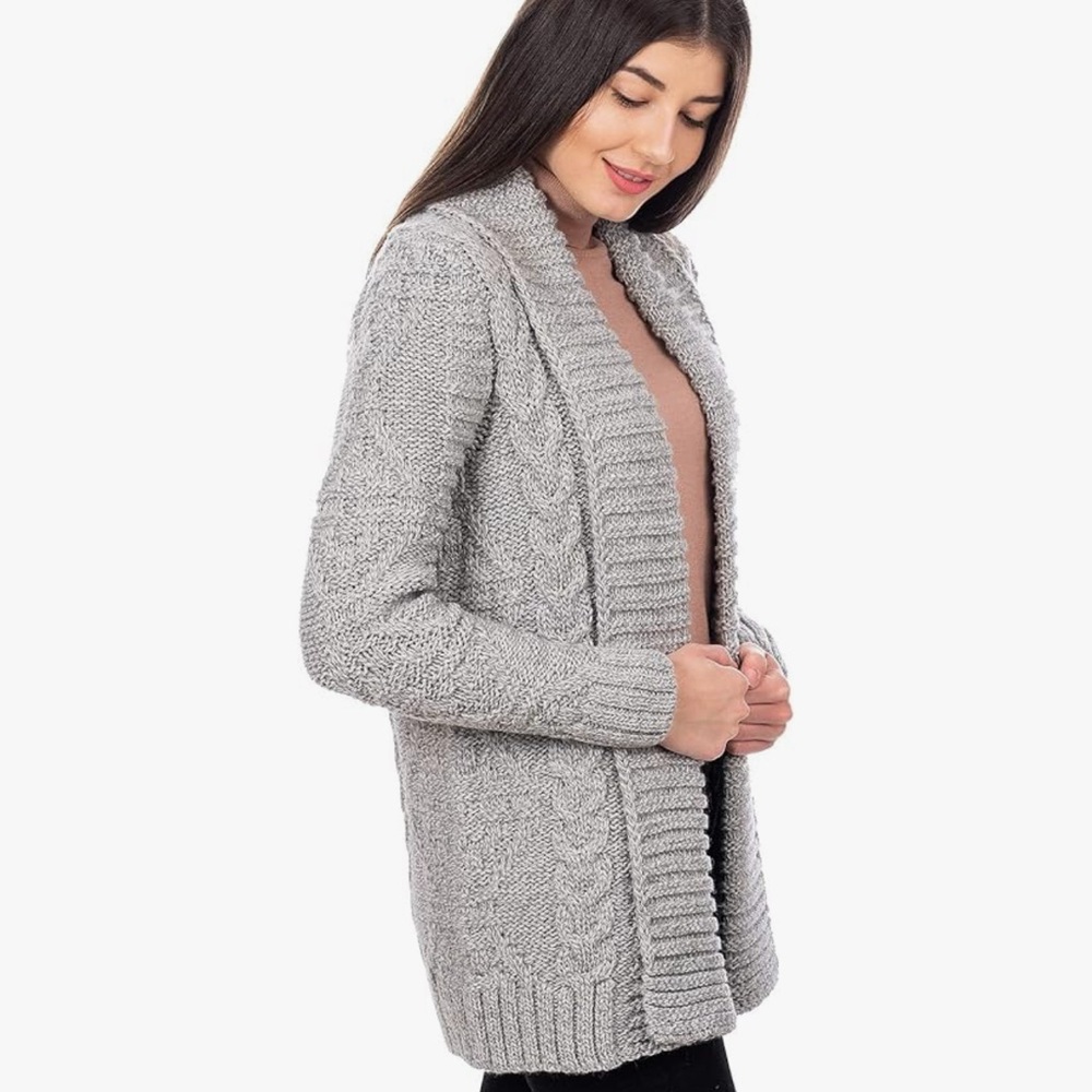 SAOL Open Front Cable Knit Cardigan 100% merino wool light grey NEW - Picture 2 of 5